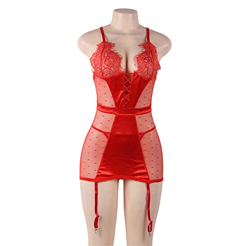 Lingerie grande taille rouge M avec nuisette une pièce en maille transparente YZCIS