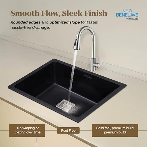 Image of Benelave by Hindware BLACP91005 Quartz Sink 21x18 for Kitchen | Single Bowl | Black Color | Better Sound Absorption for Quieter Use | 7-year Manufacturer Warranty