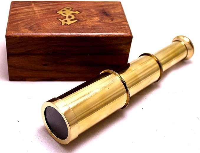 Captains 6" Brass Handheld Mini Telescope with Wooden Box Nautical Collectibles by TSSI Handicraft