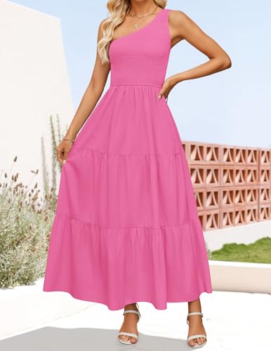Image of ZESICA Women's 2026 Bohemian Summer Floral Print One Shoulder Sleeveless Smocked Ruffle Tiered Beach Long Midi Dress