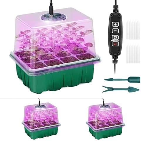 Qoolife Seed Starter Tray with Plant Light, 2 Pack Grow Lights for Seed Starting Kit with Humidity Domes, Timing Controller Adjustable Brightness for Greenhouse Propagator Station Planting Growing Cover