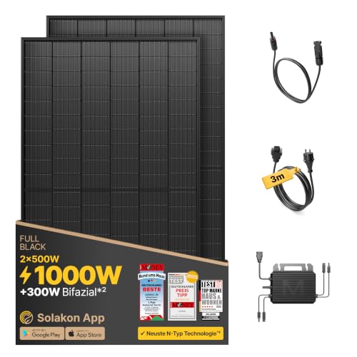 Solakon® 1000W Balkonkraftwerk - Balkonkraftwerk 800W komplett Steckdose - neuester 800 Watt Wechselrichter - Solaranlage Komplettset - 500W bifaziale Solarmodule inkl. Zubehör - 3m Kabel