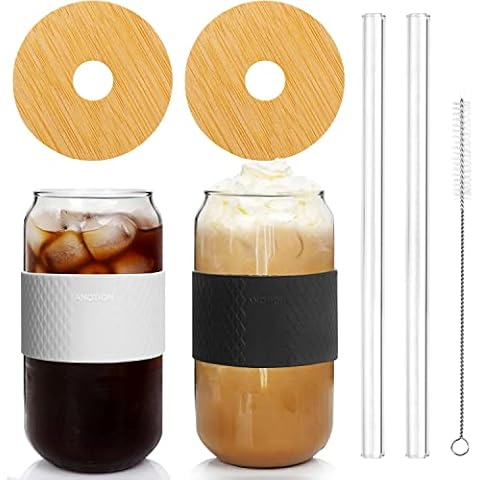 Beer Can Glass w/ Lids & Straw,ANOTION Bamboo Cover Glass Straw,20 oz Reusable Drinking Glasses,Tumbler Travel Office Home Ice Tea Coffee Margaritas Soft Drinks Juice Cocktail,Set of 2,Black/White Cover