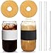 Anoion, barattolo di vetro con coperchio e cannuccia, in bambù, 567 g, riutilizzabile, bicchiere per viaggi, ufficio, casa, tè, caffè, margarita, bibite, succhi di frutta, cocktail, set da 2