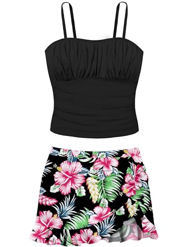 Image of Girls Tankini Swimsuits Size 10-12 Two Piece Gingham Bathing Suit for Girls Drawstring Bikini Set Adjustable Straps Pad Swimwear Black Floral 11-12 Years