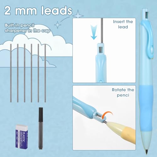 KFHENSOMR Mechanical Pencils Thick Pencils with Comfort Ergonomic Grip, Aesthetic Supplies Set with 1 Erasers, 2 Leads Refills, 2 Pcs 2.0MM Pencil for Writing Drawing