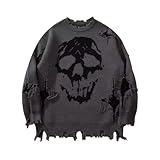 CBDAO Gothic Sweater Street Hip Hop Skeleton Jacquard Piercing Sweater Men's and Women's Loose Hooded Knitted Sweater (Grey,XL)
