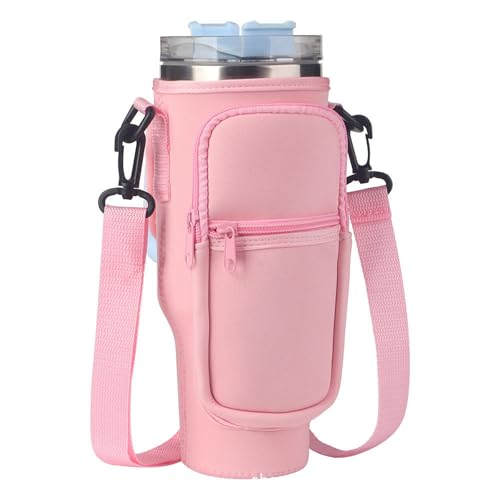 WELLYUK Water Bottle Carrier Bag with Phone Pocket for Stanley Cup 40oz Tumbler with Handle, Water Bottle Holder with Adjustable Strap for Camping Hiking Traveling Gym, Pink