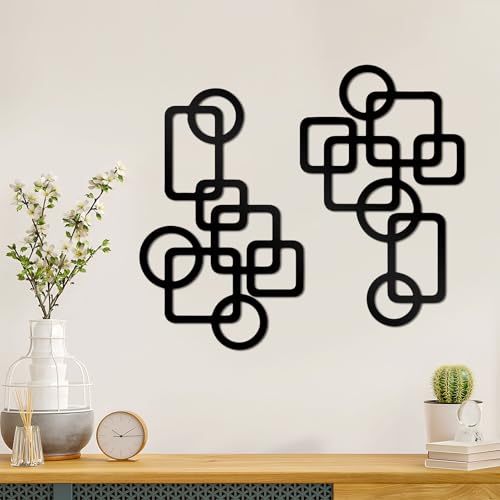 ShxTrade 2 Pcs Mid Century Metal Wall Art 3D Elegance Abstract Wall Decor Modern Geometric Panels Minimalist Decor for Home Living Room Bedroom (Black)