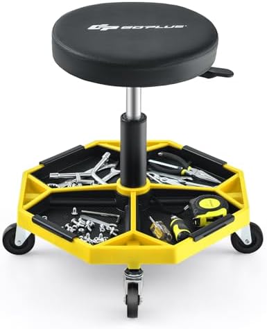 Goplus Mechanic Stool, Rolling Garage Chair with 16”-22” Adjustable Height, Removable Magnetic Tool Tray, 2” Thick Padded Cushion, Universal Wheels, 330LBS, Roller Creeper Seat (Yellow & Black)