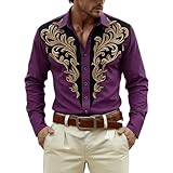 Generisch Camisa de manga larga con estampado para trajes festivos occidentales y vaqueros – Camisa medieval con botones para el tiempo libre y fiestas., morado, 3XL