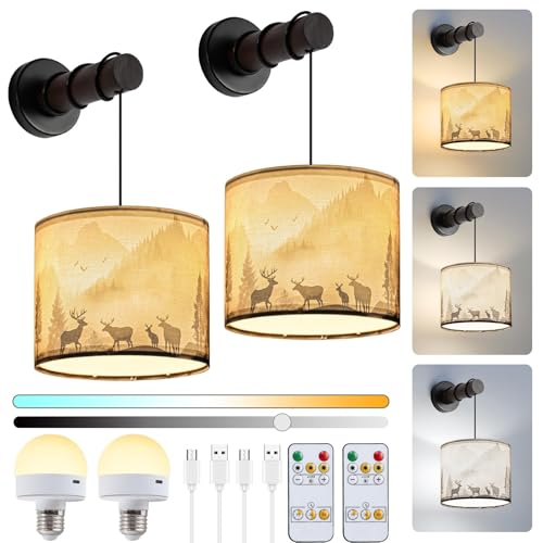 Image of Battery Wall Sconces Set of Two, Wall Sconces Battery Operated with Remote, Dimmable Cordless Wall Lamps, Rechargeable Wireless Sconce, Rustic Battery Wall Sconce for Living Room