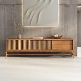 Rangements pensés pour un salon bien rangé : le meuble combine 2 portes coulissante et 2 tiroirs, ce qui permet de ranger et intelligemment box internet, console, manettes, télécommandes, magazines…