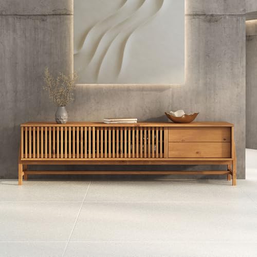 Meuble TV ADAMO L 180 cm en Bois Massif Couleur Chêne avec 2 Portes Coulissantes, 2 Tiroirs, Design Chaleureux à Lamelles, Meuble Télé avec Rangement Varié, Convient pour TV jusqu'à 203 cm (80)