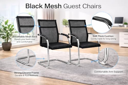 Image of MLU Black Mesh Visitor Chairs Set of 2 - Ergonomic Guest Office Chair with Breathable Mesh Back, Soft Cushion Seat, Chrome Cantilever Frame, Comfortable Armrests - Modern Reception Chair (Black)