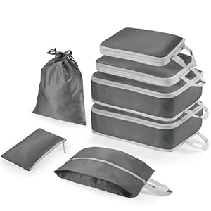 Compression Packing Cubes 7-Piece Set with Multi- Compartment Travel Bag, Waterproof Suitcase Organiser Bags,Travel Packing Cubes for Suitcases, Packing & Storage for Luggage (Grey)