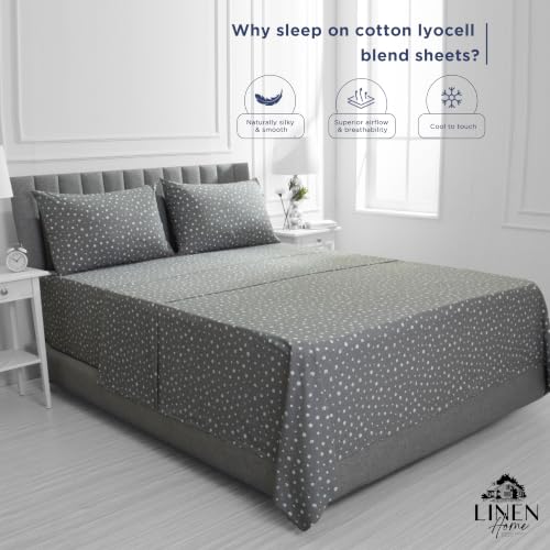 Image of Linen Home 100% Cotton Printed Percale Sheets Cal King Size Polka Charcoal