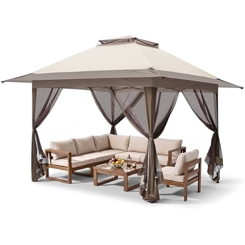 EAGLE PEAK 13x13 Pop Up Canopy Tent with Mesh Netting, Beige