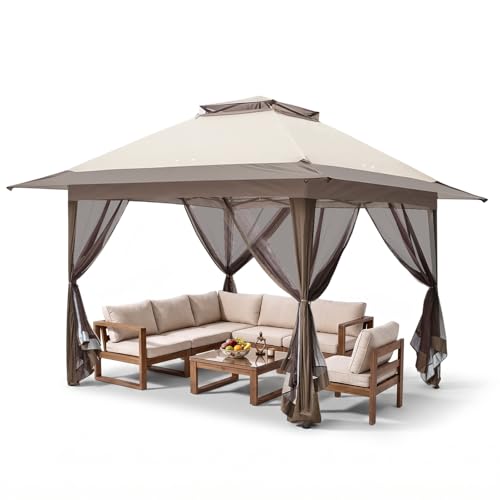 EAGLE PEAK 13x13 Pop Up Canopy Tent with Mosquito Netting Screen Tent, Auto Extending Eaves 169 Sq Ft of Shade, Easy One-Person Setup Screened Gazebo for Backyard and Patio, Beige-Brown