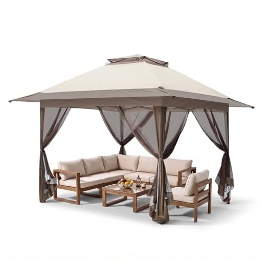 EAGLE PEAK 13x13 Pop-Up Gazebo Tent Instant w/Mosquito Netting，Outdoor Gazebo Canopy Easy Set-up Folding Shelter (Beige/Brown)