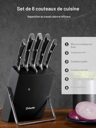 D.Perlla Couteaux de Cuisine, 6 Pièces Set Couteau Cuisine en Allemagne Acier Inoxydable, Ensemble de Couteaux Professionnels, Bloc de Bois, Super Aiguisé-Noir – vue 8