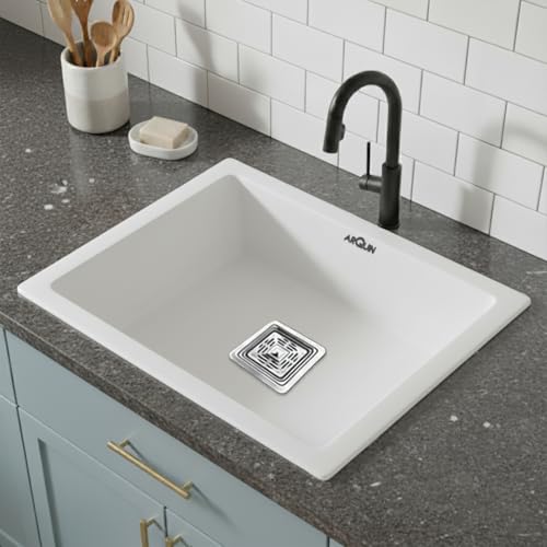Image of ARQUIN Quartz Kitchen Sink 21x18x9 Inch White | Single Bowl Sink | Durable & Scratch-Resistant | Undermount /Topmount Including Coupling, Waste Pipe & Fruit Washing Basket
