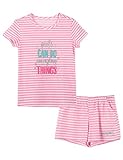 Cozchique Summer Pajamas For Girls – Pink Stripe & Glittering Heart PJS Pal Cute Jammies Set Big Kid