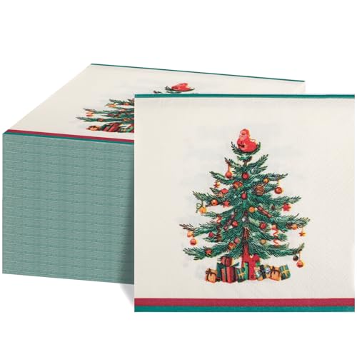 FLOWERCAT 100-Count 2-Ply Christmas Tree Napkins - Premium Quality 5" x 5" Disposable Paper Beverage Napkins for Xmas Party, Bar