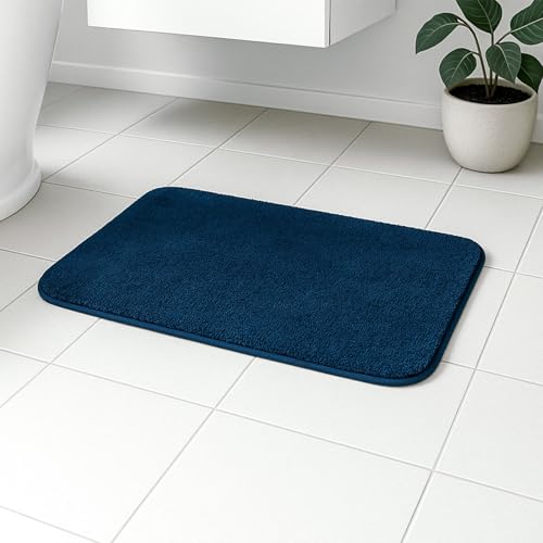 Image of Earthy Fables Soft Microfiber Bath Mat - Cut Pile, Quick Dry, Anti-Skid, Water Absorbent, Non-Slip, Machine Washable Floor Rug, Shower Mat, Door Mat for Bathroom, Bedroom, 60x40 cm - Navy Blue