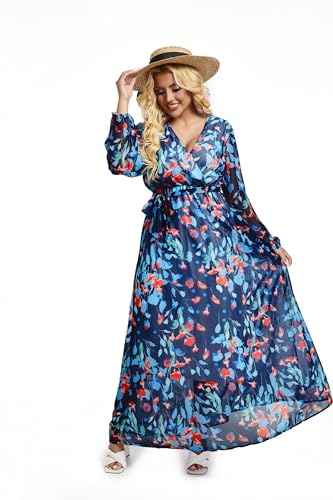 Image of lvenzse Womens Maxi Dress Boho Chiffon Floral Printed Long Party Dresses Plus Size with Belt (FBA)