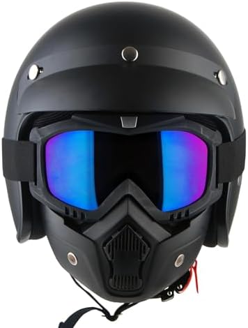 1Storm Motorcycle Open Face Helmet Mopeds Scooter Pilot Half Face Helmet with Peak Visor, HKY207 Matt Black + Tinted Goggle Bundle