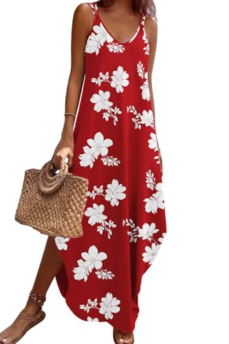 Image of Zeagoo Women's Casual Sundress Summer Maxi Sleeveless V Neck Split Boho Beach Dress Travel Vacation Dress with Pockets