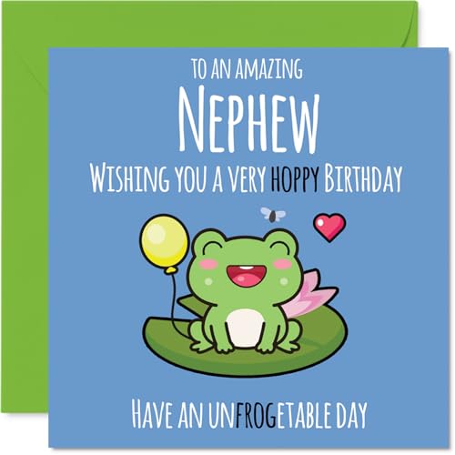 Carte anniversaire drôle neveu - Grenouille joyeuse et ballon jaune