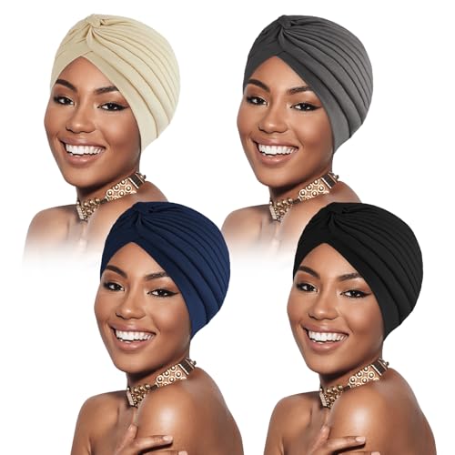 flintronic 4 Piezas Africano Turbante para Mujer Gorro de Nudo, Gorros Turbantes para Mujer, Sólido Gorros de Dormir