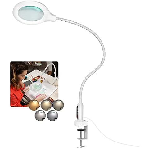 TOMSOO 26" Gooseneck Magnifying Lamp with Clamp, 5 Color Modes Stepless Dimmable LED Desk Light with Magnifying Glass, 10X Real Glass Lighted Magnifier Hands Free for Painting Close Work Craft Hobby Cover