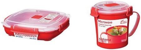 Sistema Microwave Plate with Removable Steaming Tray, Red/Clear, 880 ml & Microwave Soup Mug, 656 ml - Red/Clear