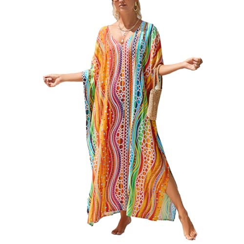 Image of sunforyou Kaftan Dresses for Women Plus Size Lightweight Swimsuit Cover up Batwing Sleeve Print Loungewear Beach Robe