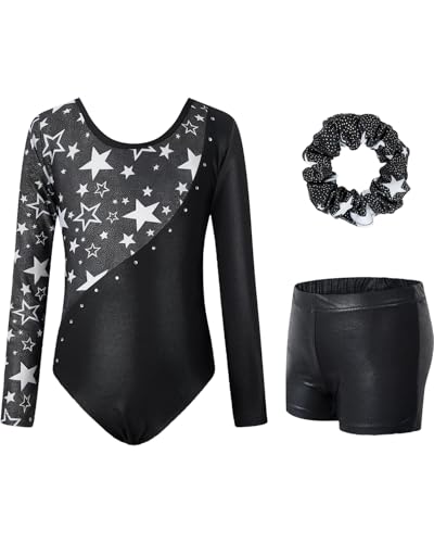 JiAmy Leotards for Girls Gymnastics, Long Sleeve Sparkly Dance Biketards with Shorts Ballet Tumbling Outfit Red 3-4 Years