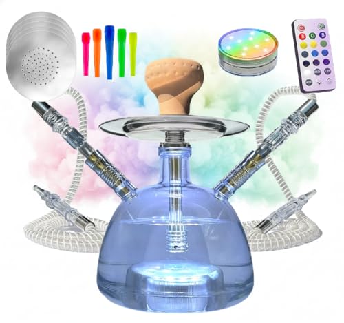 Hookah Shisha Set 2 Hose 11" With 50 Mouth Tips and 50 Foil Colour Changing Remote Controlled LED Light