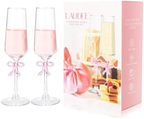 champagne glasses set elegant flutes with pink bow - gift idea for New Year's