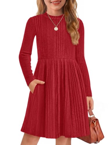 Image of Arshiner Girls Dresses Long Sleeve A Line Knit Sweater Dress with Pockets