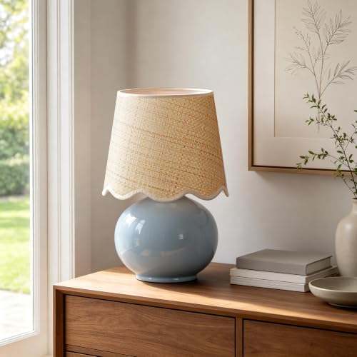 PARTPHONER Coastal Lamp, Small Ceramic Table Lamp, Light Blue Globe Base with Rattan Woven Shade, Rocker Switch Boho Bedside Lamp for Bedroom, Living Room, Kids Room, Bulb Included