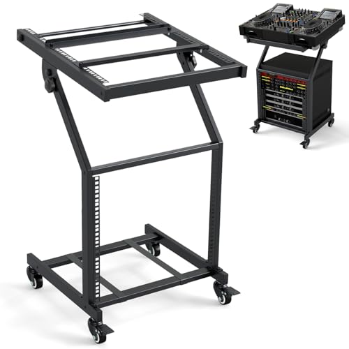 COSTWAY - COSTWAY 9U DJ Mixer Stand, 2 Layer Adjustable Professional Audio Rack Mount with 98°Rotatable Design & Lockable Wheels, Heavy Duty Rolling Cart for Home Office Music Studio Equipment Storage