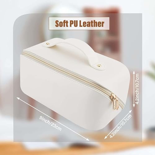 Image of Large Capacity Travel Cosmetic Bag with Handle and Inner Divider | Premium PU Leather Makeup Storage Case | Waterproof Portable Wide Opening Toiletry & Vanity Pouch for Women & Girls (Black)