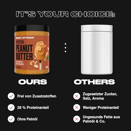 Body Attack Peanut Butter Crunchy, 1kg - Erdnussbutter mit Stückchen, 30% Protein ohne Zuckerzusatz, vegan, ohne palmöl