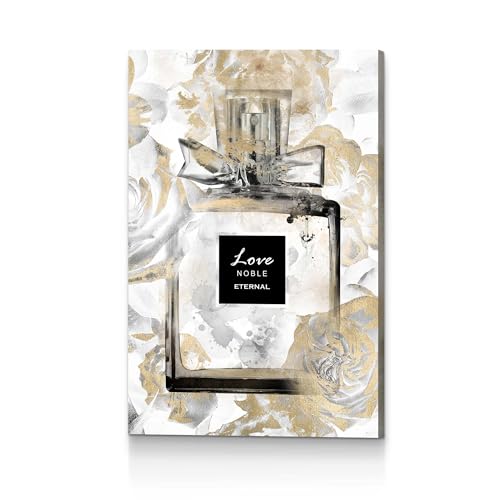 Image of HILL WEST Fashion Glam Wall Art - Perfume Bottle Canvas Picture Elegant Gold Floral Painting Contemporary Prints Modern Artwork for Girls Makeup Room Bedroom