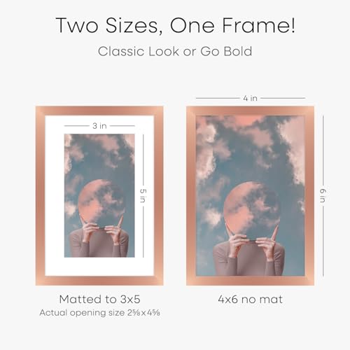 Image of Homeforia Rose Gold 4x6 Picture Frame, High End Metal 4 x 6 Frames with Mat 3 x 5 for Print, 4by6 Desk Frame Matted to 3x5 inch Photo, 4 by 6 Wall or Tabletop Frame, Tempered Glass, Wall Kit, Set of 2