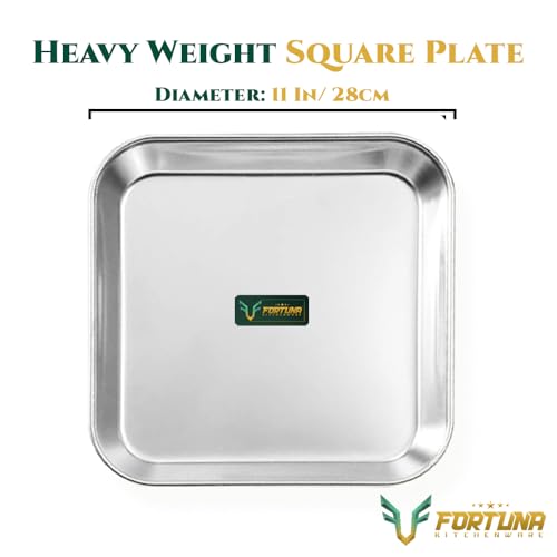 Image of Stainless Steel Plates Set of 6 | Square Plates | Breakfast /Lunch /Dinner Plates Set of 6, Diameter: 11 Inches, Solid