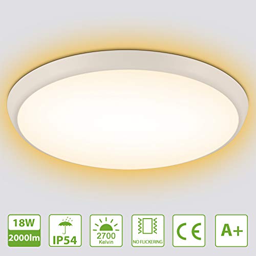 Oeegoo LED Deckenleuchte Warmweiß, 18W 2000LM LED Badlampe 2700K, IP54 Wasserfest Deckenlampe Für Küche Badezimmer Wohnzimmer Korridor Balkon Flur Esszimmer Schlafzimmer Kinderzimmer, Ø25cm