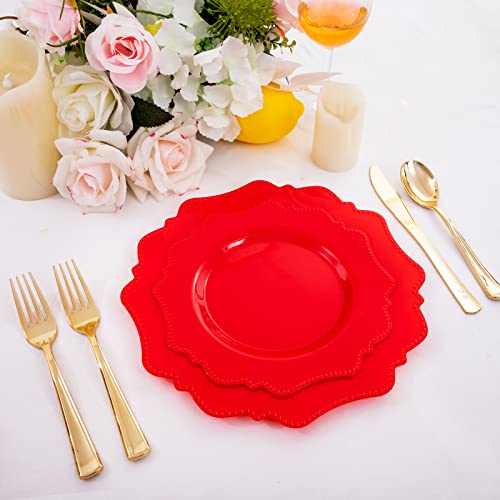 Colosus Disposable Plastic Plates 60Pcs, Red Party Plates, Heavy Duty 30 Dinner Plate 10.5” And 30 Salad/Dessert Plate 8.25” #TOP2